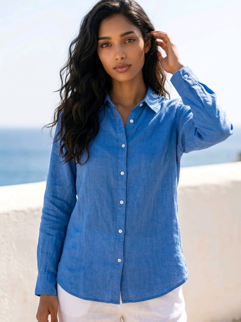 J Mclaughlin Women's Linen Button-Down Shirt in Medium Blue